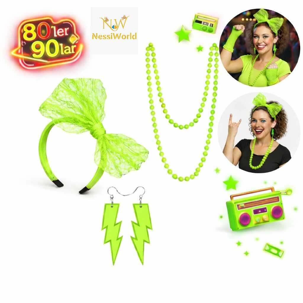 80’ler 90’lar Neon Yeşil Parti Seti – Kolye Küpe Taç