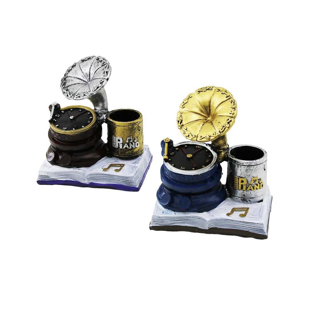 SAAT - GRAMAFON VİNTAGE DEKORATİF BİBLO - RENKLİ KALEMLİK 13X12X8.5CM REÇİNE (5430)