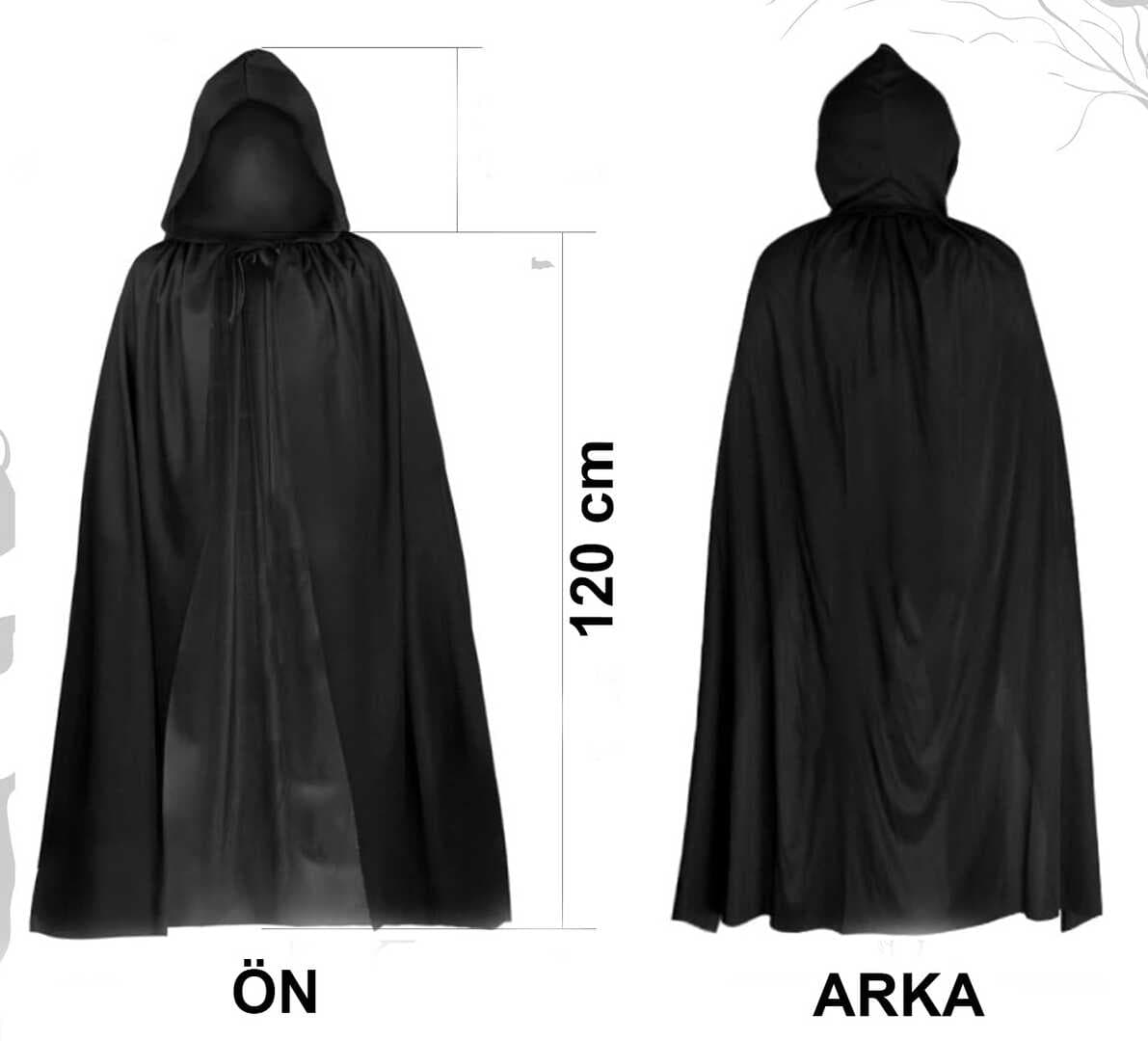 Siyah Uzun Pelerin 120 cm Kapüşonlu – Cosplay ve Parti Kostümü (5430)