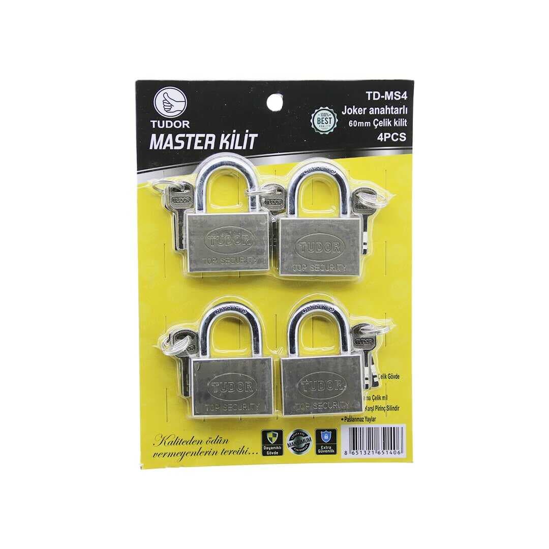 TUDOR TD-MS4 MASTER 4PCS JOKER ANAHTARLI=TEK ANAHTARLA 4 KİLİT AÇ  60MM - GRİ KISA KANCALI ÇELİK ASMA KİLİT (5430)