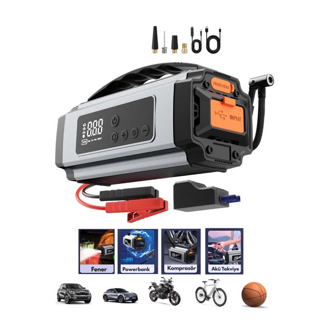 ÇOK FONKSİYONLU OTO - ARAÇ TAKVİYE SET TAŞINABİLİR 120W DİJİTAL EKRAN POWERBANK ÖZELLİK - FENER - COB - PUSULA YG-898 (5430)
