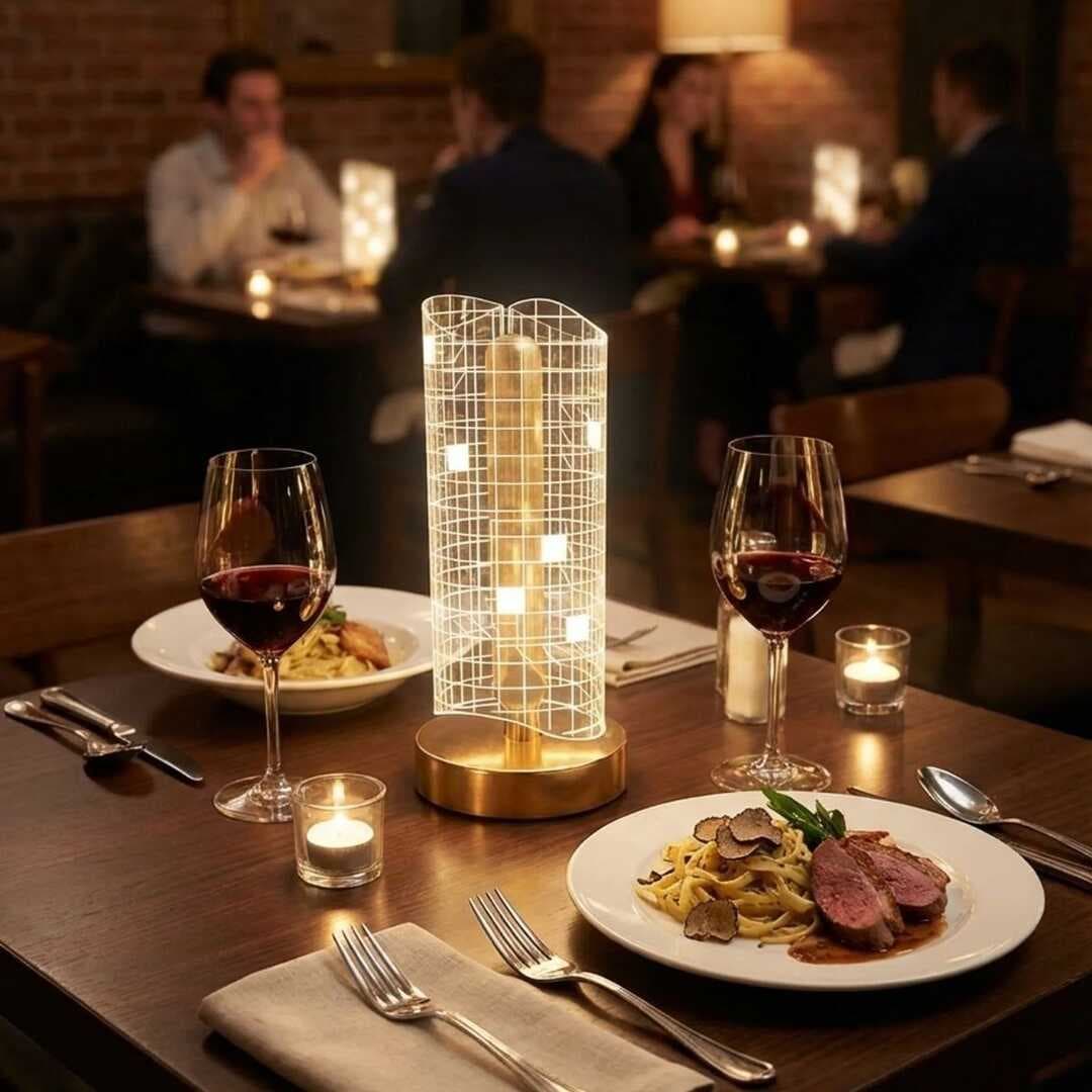 Dalgalı Silindirik Kristal Kareli Model LED Masa Lambası – Gold Tabanlı, Dokunmatik, 3 Renk Işık Modlu, Şarjlı Modern Dekoratif Gece Lambası (5430)