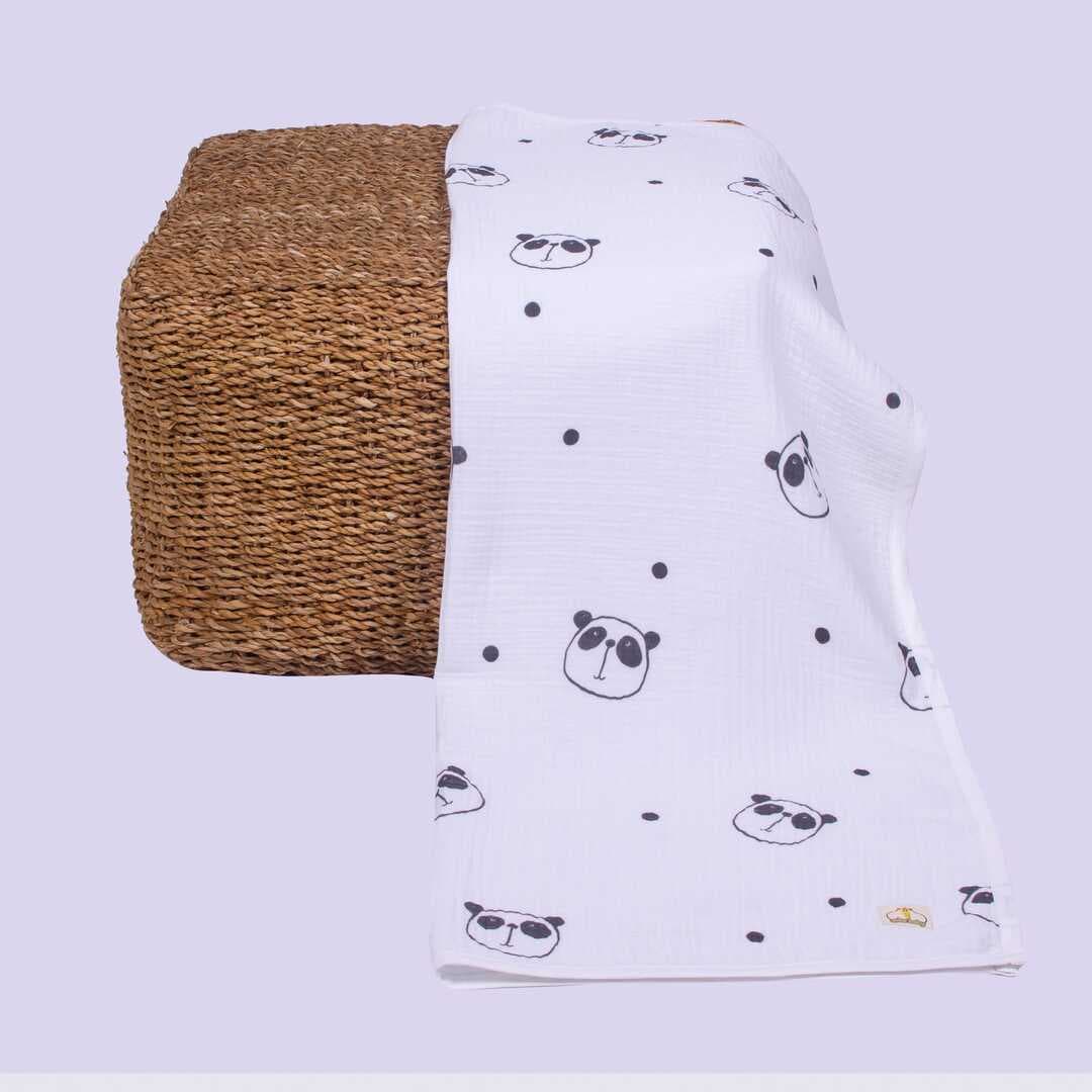 ARBABABY %100 ORGANİK PAMUK 4 KATLI DESENLİ MUSLİN BEBEK BATTANİYESİ - PANDA TEMALI