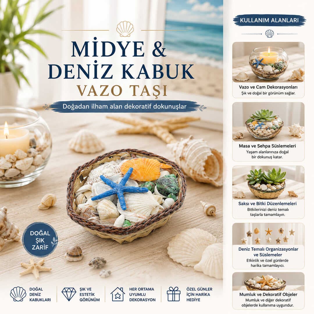 KÜÇÜK - KARE - AHŞAP SEPETLİ RENKLİ MİX MİDYE - DENİZ KABUK VAZO TAŞI (5430)