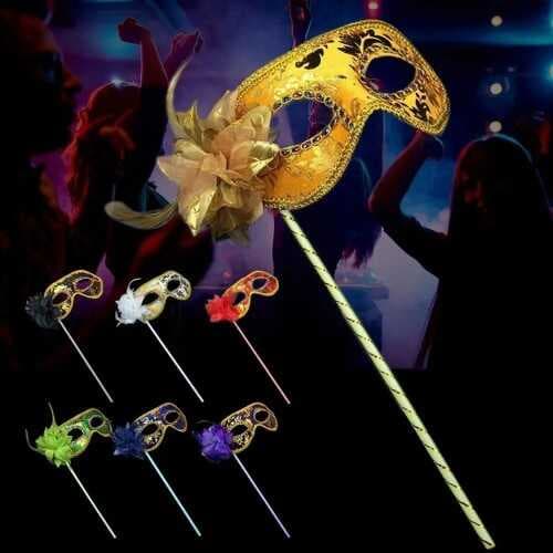 Lüks Taşlı Saplı Maskeli Balo Maskesi Beyaz Renk 35 cm