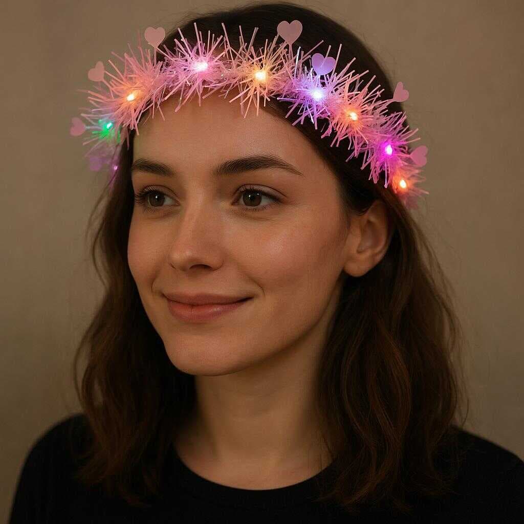 Kalp Püsküllü Gece Parıltısı 3 Modlu LED&amp;apos;li Işıklı Taç Pembe Renk (5430)