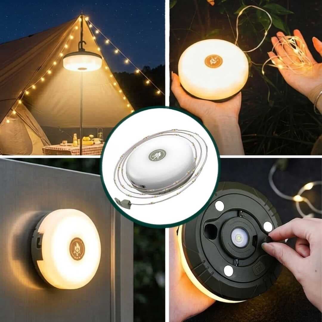 2’si 1 Arada 5 Farklı Işık Modlu Gün Işığı Şarjlı Kamp Lambası ve Makaralı 10 Metre Peri LED Işık – Su Geçirmez Mıknatıslı Aydınlatma Feneri (5430)