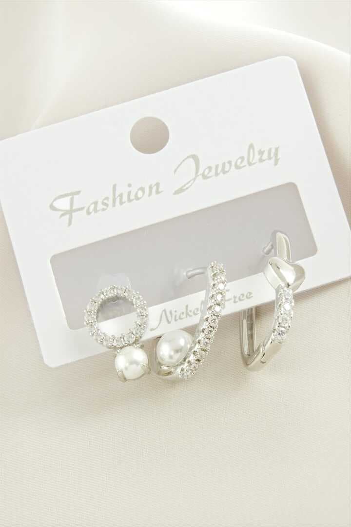 3 Adet Kalp İnci Zirkon Taşlı Küpe