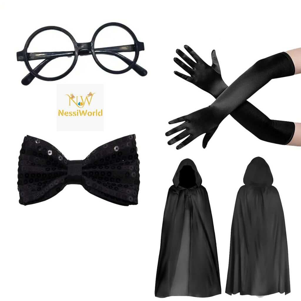 Siyah Kapüşonlu Büyücü ve Cadı Pelerin Kostüm Seti (4 Parça)