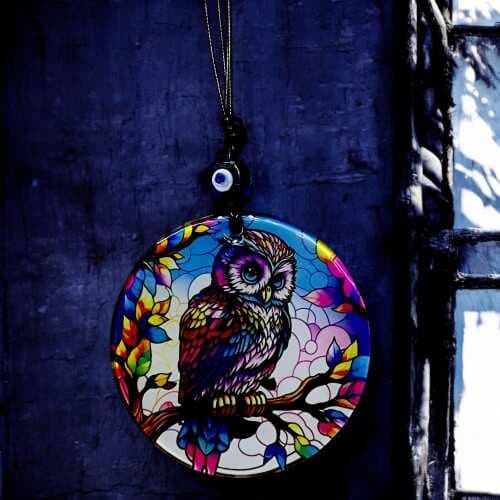 Dalda Baykuş Desenli 12 Cm Füzyon Cam Duvar Süsü