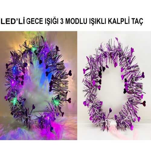 Kalp Püsküllü Gece Parıltısı 3 Modlu LED'li Işıklı Taç Mor Renk