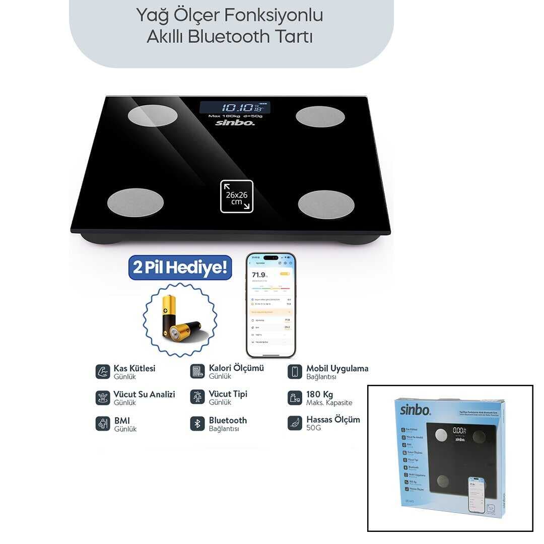 SİYAH YAĞ ÖLÇER AKILLI BLUETOOTH CAM BASKÜL PİLLİ 180KG/50GR 26X26CM 8-KİŞİ HAFIZA LCD EKRAN ℃ GÖSTERGE SBS-4470 (5430)