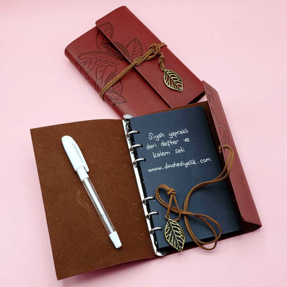 Kahverengi Deri Siyah Yapraklı Defter Ve Beyaz Jel Kalem Seti