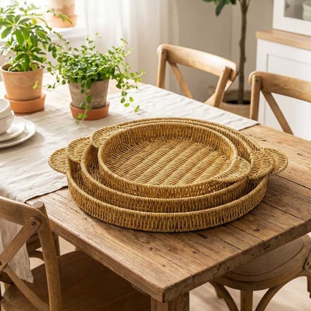 İç İçe Geçebilen 3’lü Yuvarlak Plastik Rattan Tepsi Seti–Hasır Görünümlü Çok Amaçlı Servis ve Sunum Tepsileri (5430)