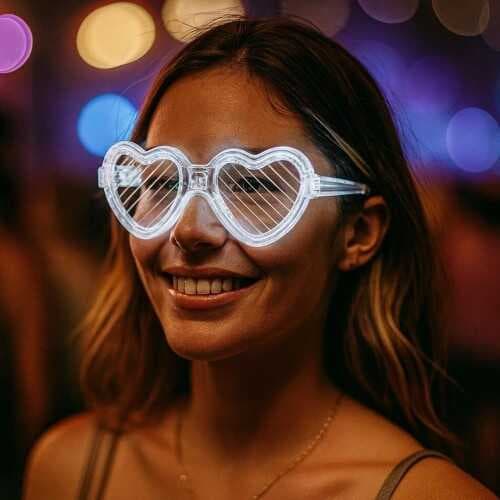 Beyaz LED Işıklı Kalp Gözlük – 3 Modlu Parti &amp; Glow Gözlüğü