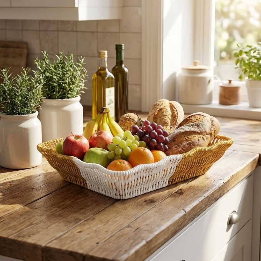 Dikdörtgen Çift Renkli Plastik Rattan Ekmek ve Meyve Sepeti - Çok Amaçlı Banyo ve Mutfak Düzenleyici - Yıkanabilir Tezgâh Üstü Organizer (5430)