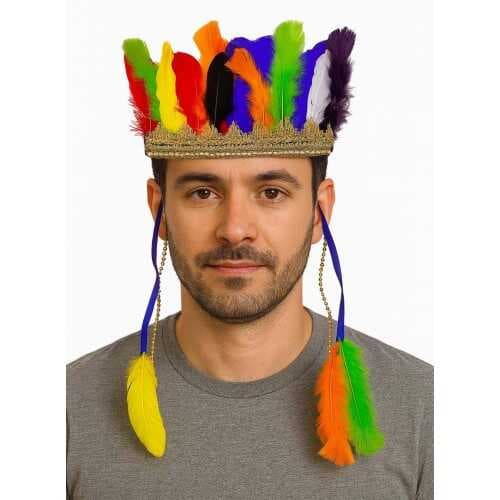 Rengarenk Tüylerle İşlenmiş Lastikli Kızılderili Başlığı