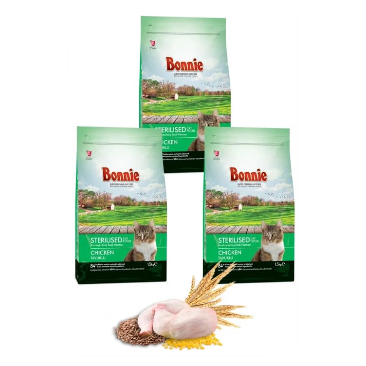 Bonnıe Kısırlaştırılmış Tavuklu Kedi Maması 1,5 Kg x 3 Adet