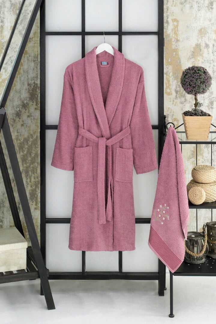 Kadın Havlulu Banyo Bornoz Takımı %100 Pamuklu Mürdüm