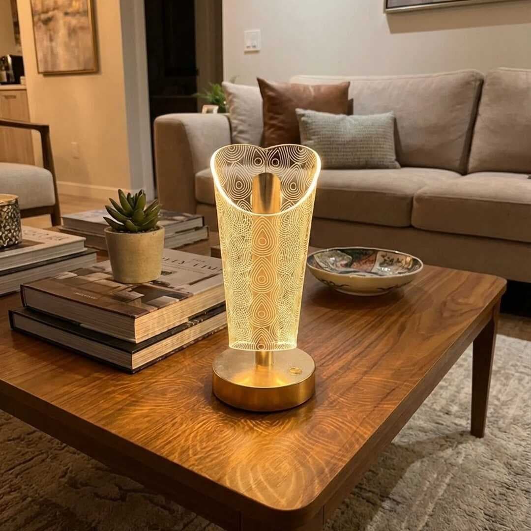 Açık Silindirik Kristal Damla Model LED Masa Lambası – Gold Tabanlı, Dokunmatik, 3 Renk Işık Modlu, Şarjlı Modern Dekoratif Gece Lambası (5430)