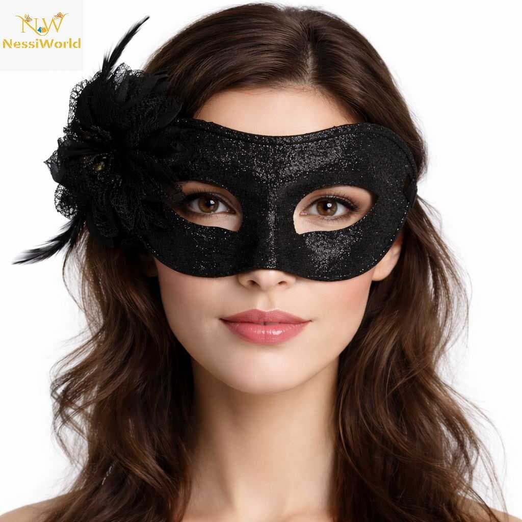 Siyah Simli Tüylü Balo Maskesi – Kadın Parti &amp; Maskeli Balo Maskesi