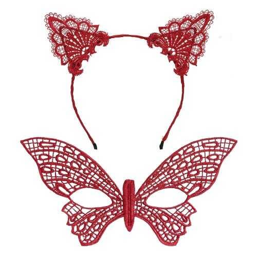 Gösterişli Kırmızı Dantel Maske ve Taç Seti 7 No – Masquerade ve Davetler için