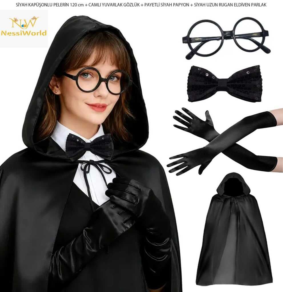 Siyah Kapüşonlu Büyücü ve Cadı Pelerin Kostüm Seti (4 Parça)