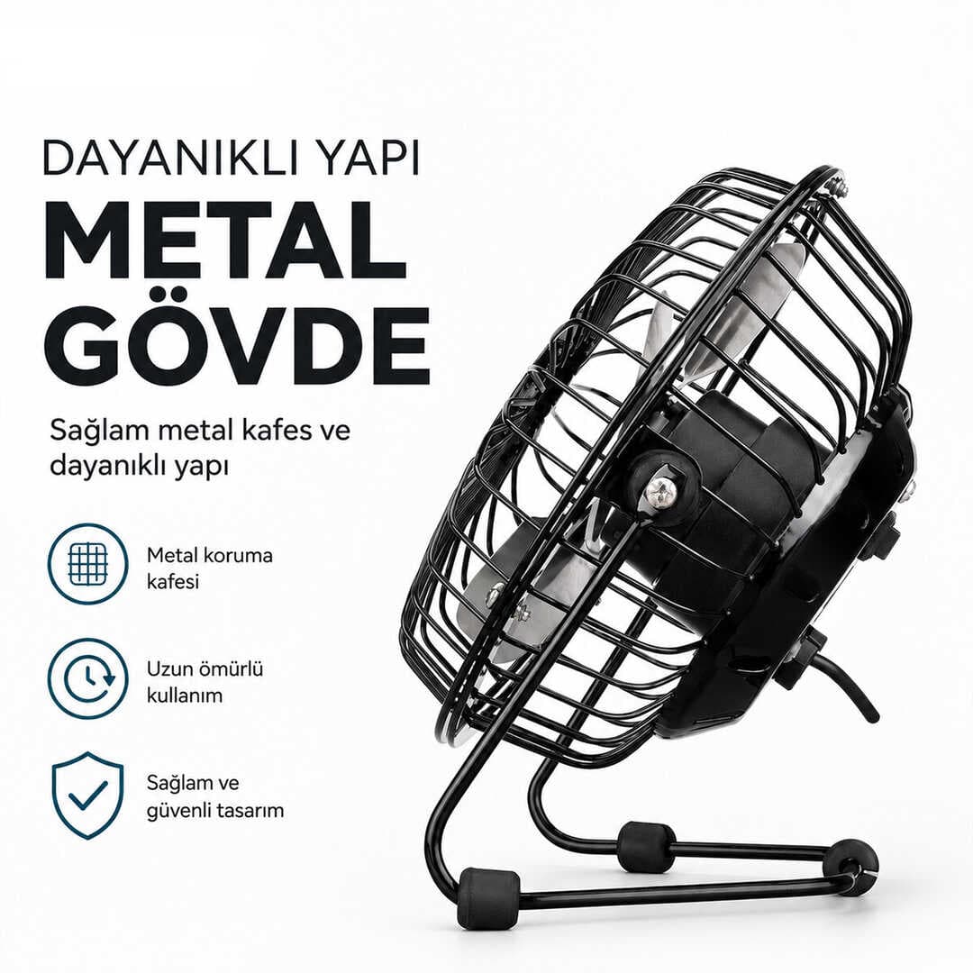 USB ŞARJLI - METAL GÖVDE 14.5X7.5X15CM MİNİ MASAÜSTÜ FAN - VANTİLATÖR EFN-482 (5430)