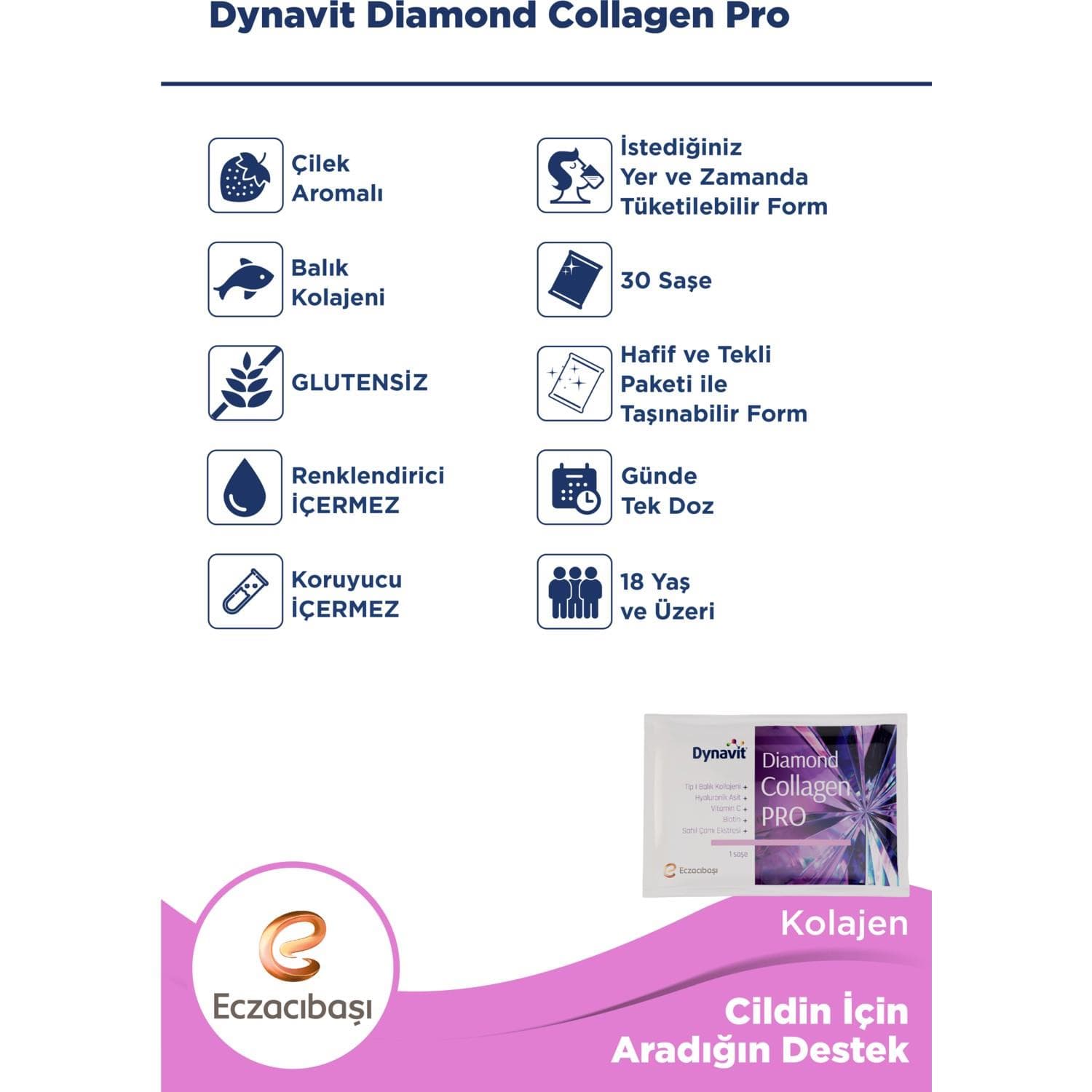 Dynavit Diamond Collagen Pro Çilek Aromalı Hidrolize Balık Kolajeni 30 Saşe