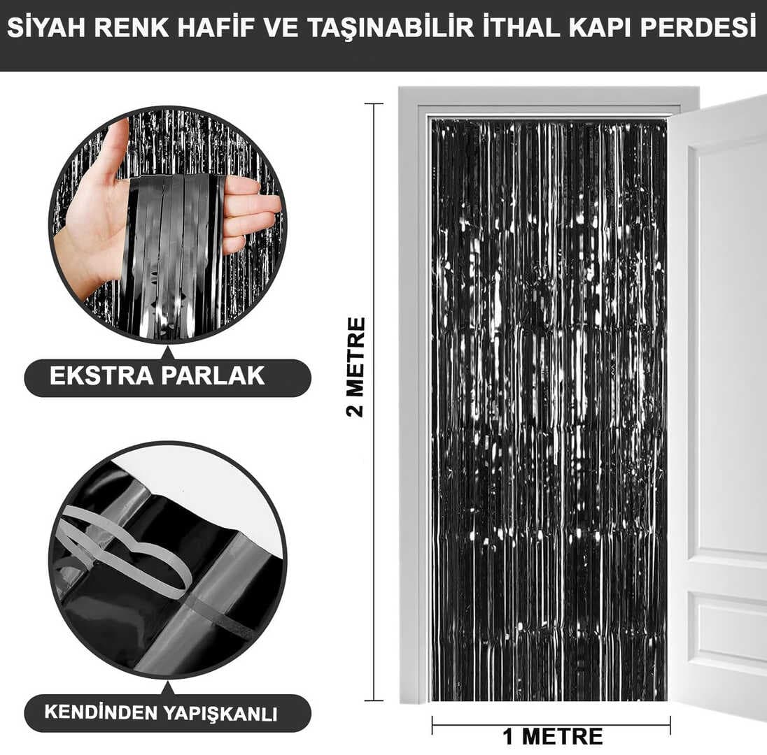 Siyah Renk Ekstra Metalize Parlak Saçaklı Arka Fon Perde İthal A Kalite 1x2 Metre (5430)