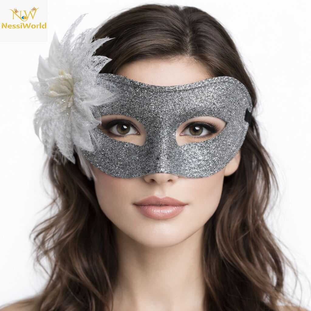 Gümüş Simli Tüylü Balo Maskesi – Kadın Parti &amp; Maskeli Balo Maskesi