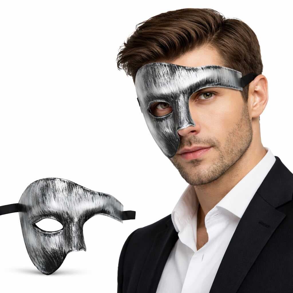 Antik Eskitme Gümüş Erkek Yarım Maske - Phantom &amp;amp;amp; Balo Maskesi (5430)