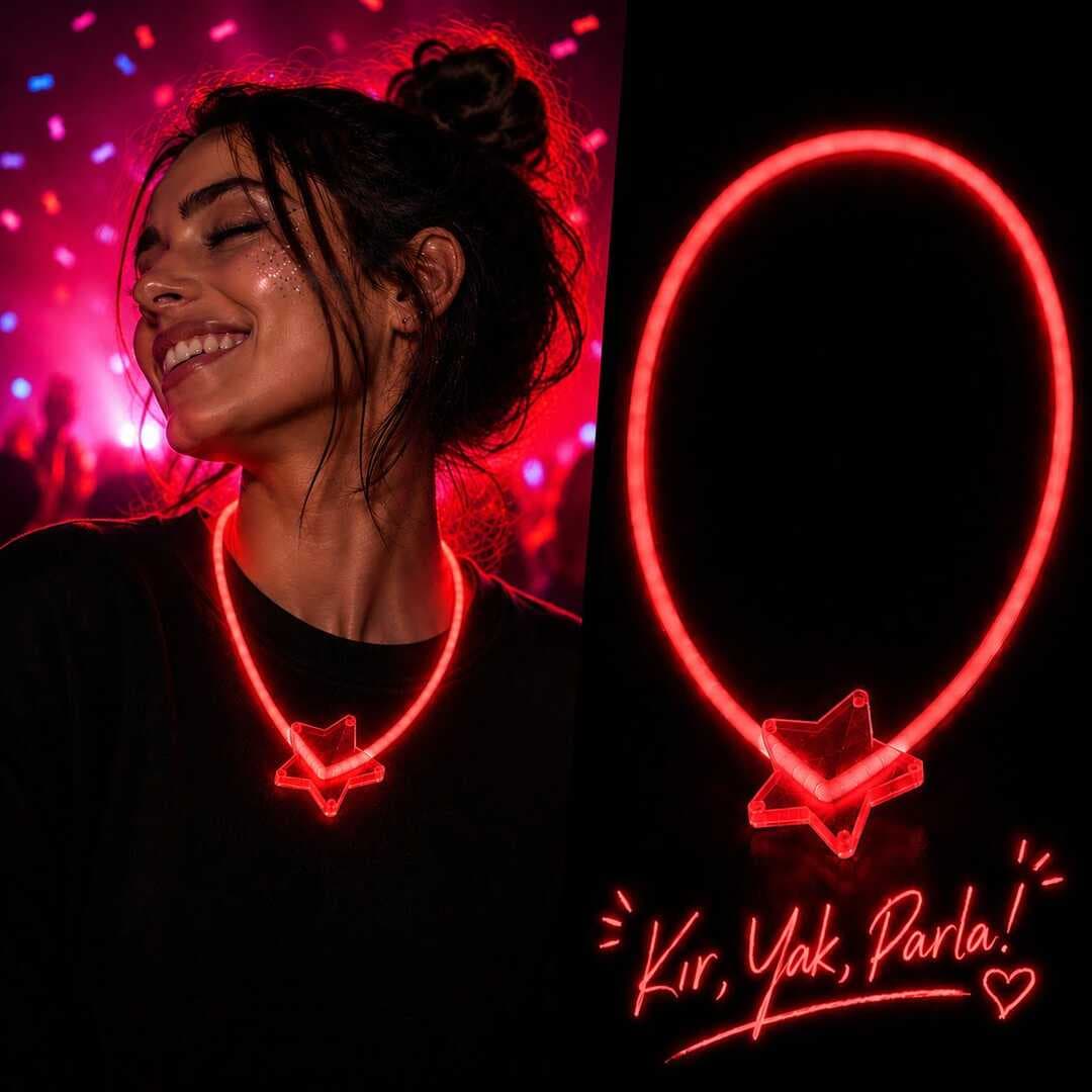 Fosforlu Yıldız Parti Kolyesi – Neon Işıklı Kolye Kırmızı Renk (5430)