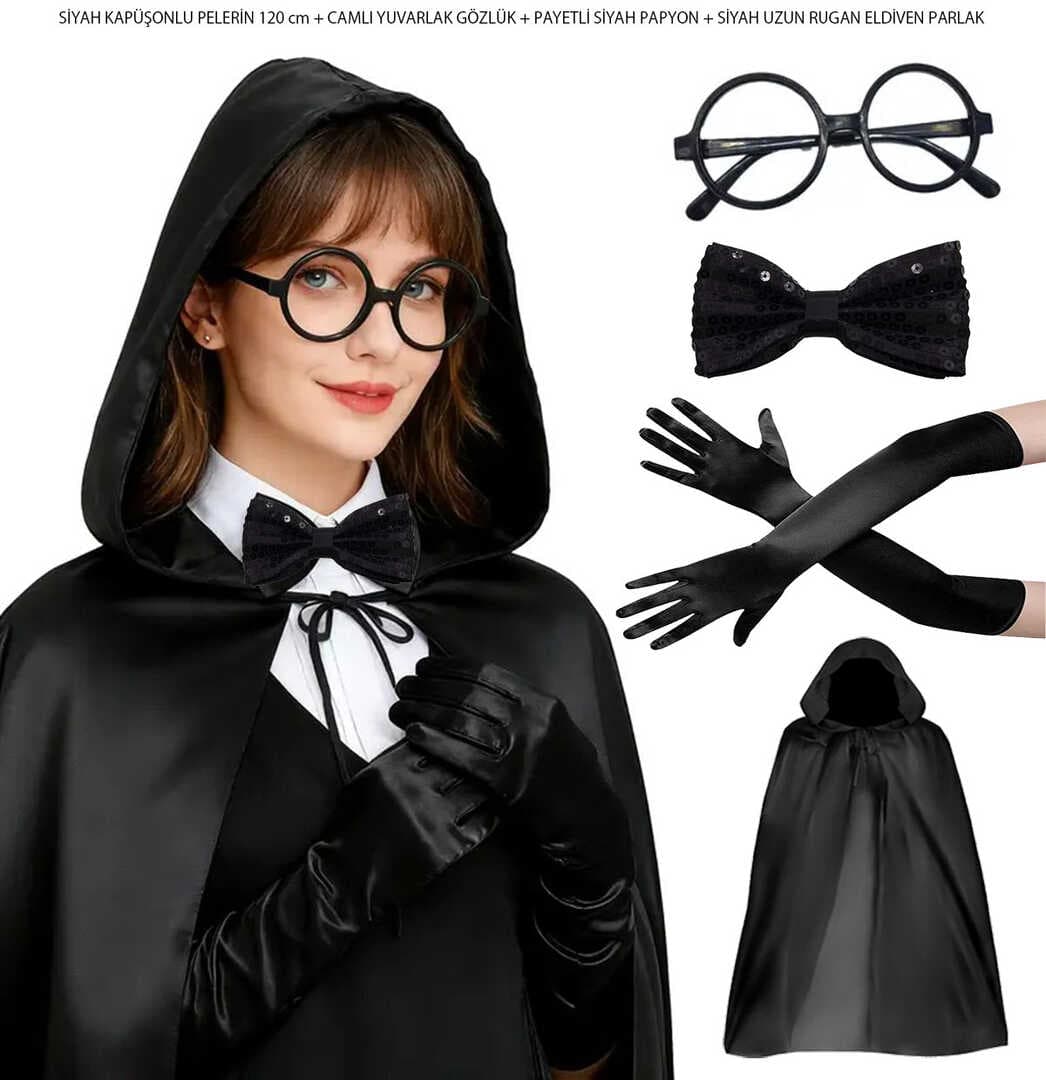 Siyah Kapüşonlu Büyücü ve Cadı Pelerin Kostüm Seti (4 Parça) (5430)