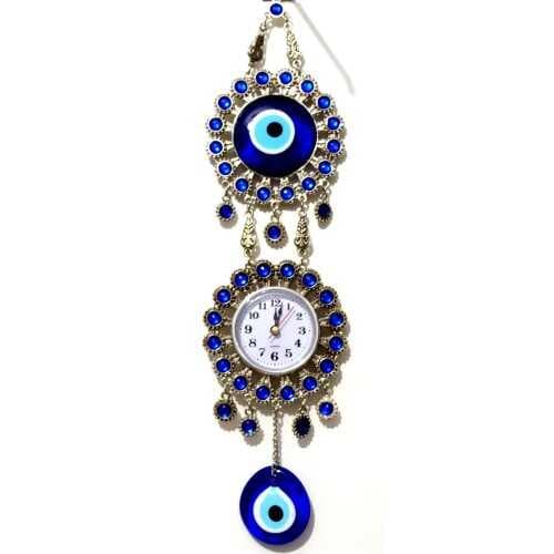 Nikel Zamak Kaplamalı Nazar Boncuklu Gümüş Rengi Mini Duvar Saati