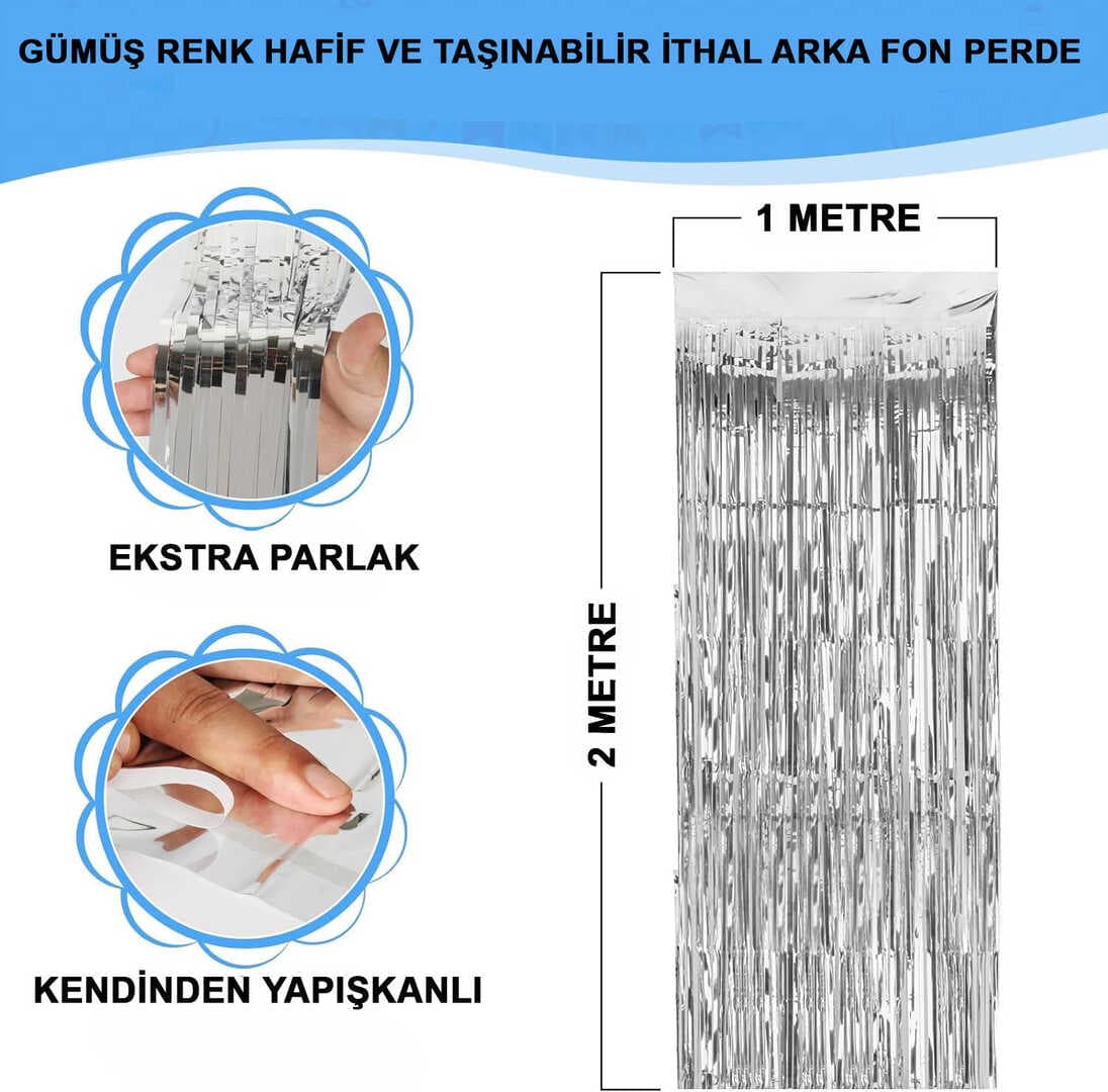 Gümüş Renk Ekstra Metalize Parlak Saçaklı Arka Fon Perde İthal A Kalite 1x2 Metre (5430)