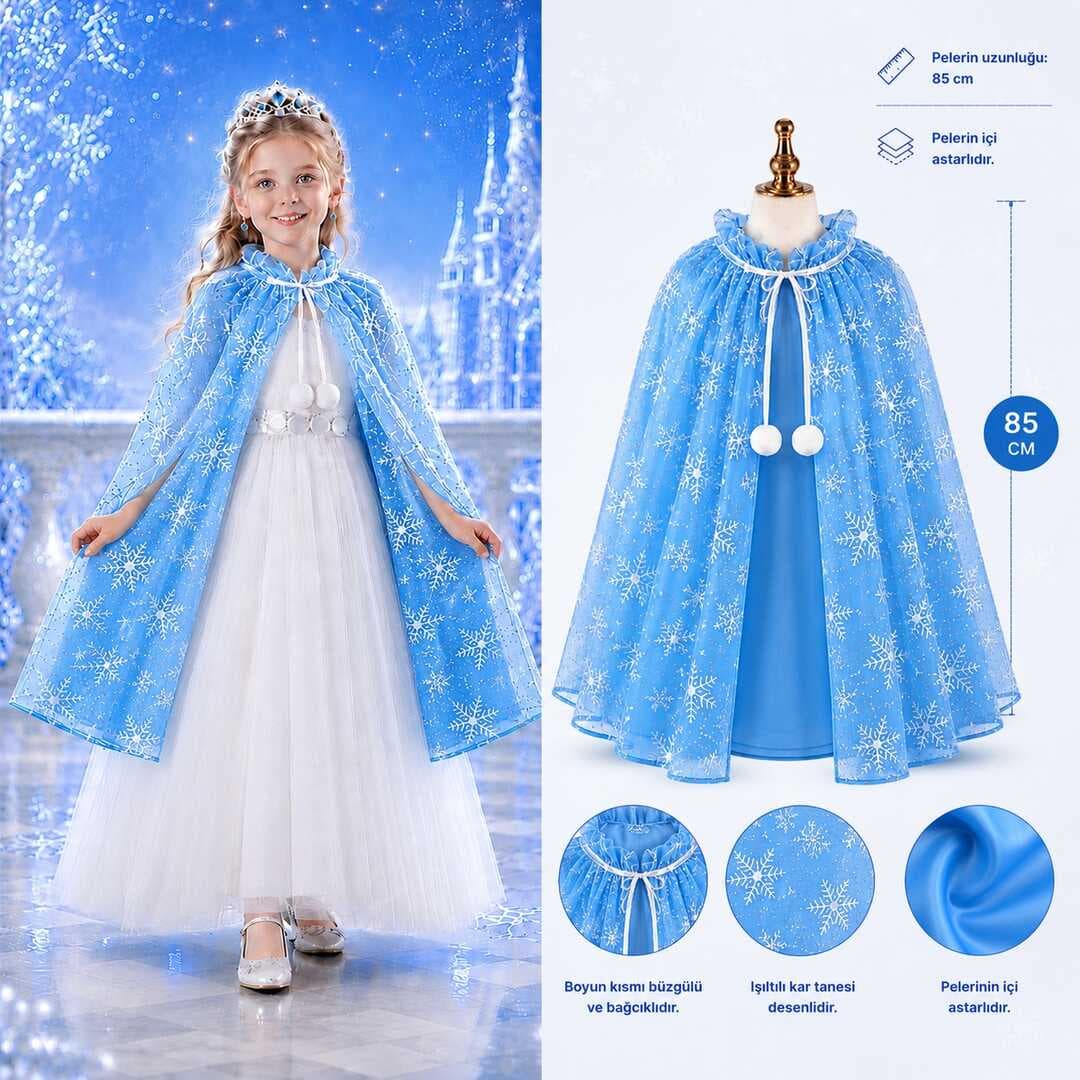 Kar Tanesi Desenli Mavi Elsa Pelerini - Astarlı Frozen Pelerini 85 cm (5430)