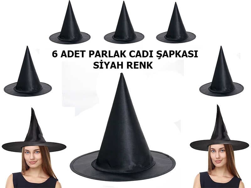Siyah Renk Parlak Dralon Cadı Şapkası Yetişkin ve Çocuk Uyumlu 6 Adet