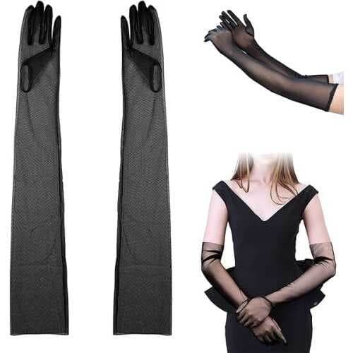 Uzun Boy Likralı Siyah Renk Yetişkin Mega Tül Eldiven 53 cm