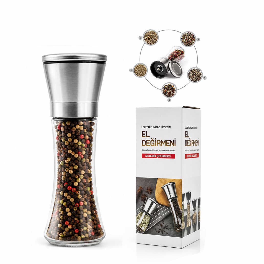 HAND GRINDER BÜYÜK CAM HAZNELİ - KROM KAPLAMA PLS.KAPAKLI TUZ - BAHARAT ÖĞÜTÜCÜ (5430)