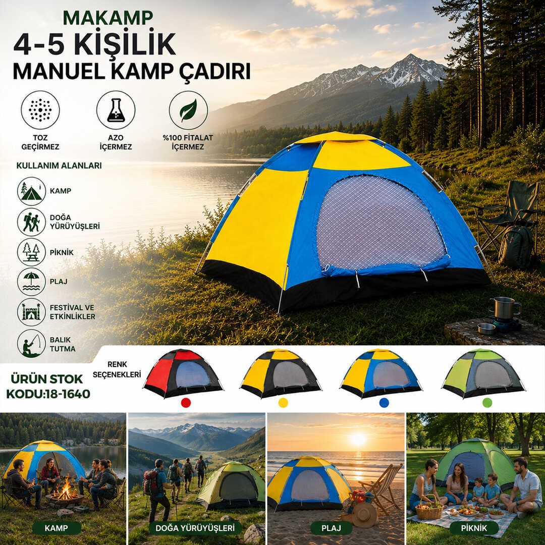 4-5 KİŞİLİK TOZ GEÇİRMEZ 200CMX200CMX135CM MANUEL KAMP ÇADIR HERHANGİ BİR RENK GÖNDERİLİR (5430)
