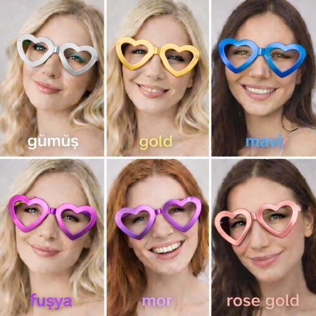 Kalp Şekilli Camsız Parti Gözlüğü 12 Adet – 6 Renk