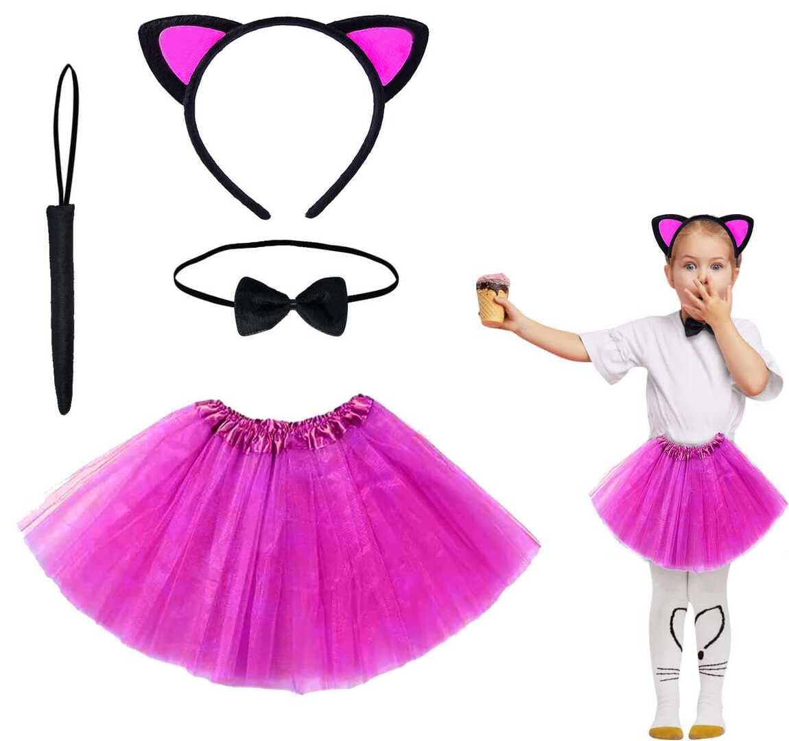 Fuşya Renk Etekli Kedi Kostüm Seti (Tütü, Taç, Papyon, Kuyruk) (5430)