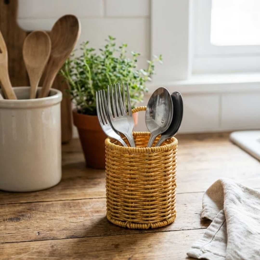 Yuvarlak Hasır Dokulu Plastik Rattan Kaşıklık &amp;amp; Çatallık – Askılı Kendiliğinden Tutmalı Çok Amaçlı Mutfak Organizeri (5430)