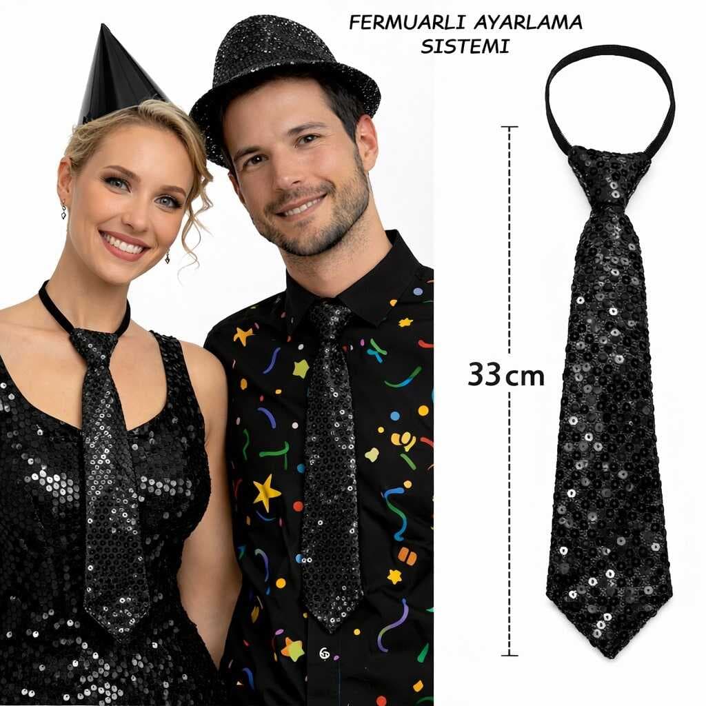 Siyah Renk Pul Payetli Işıltılı Parti Kravatı 33 cm (5430)