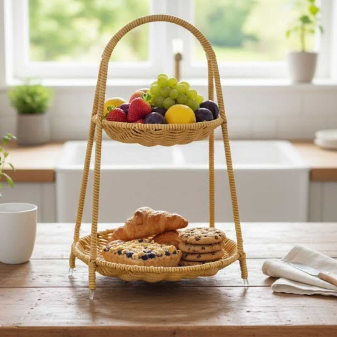 Plastik Rattan İki Katlı Sunumluk–Dekoratif Organizer, Mutfak Meyve,Sebze Sepeti, Banyo Düzenleyici Raf,Masaüstü Çok Amaçlı Sunum Standı (5430)