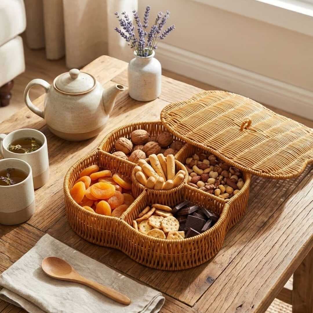 Kapaklı 5 Bölmeli Plastik Rattan Organizer Kutu – Hasır Desenli Çok Amaçlı Saklama ve Sunum Sepeti Çerezlik (5430)