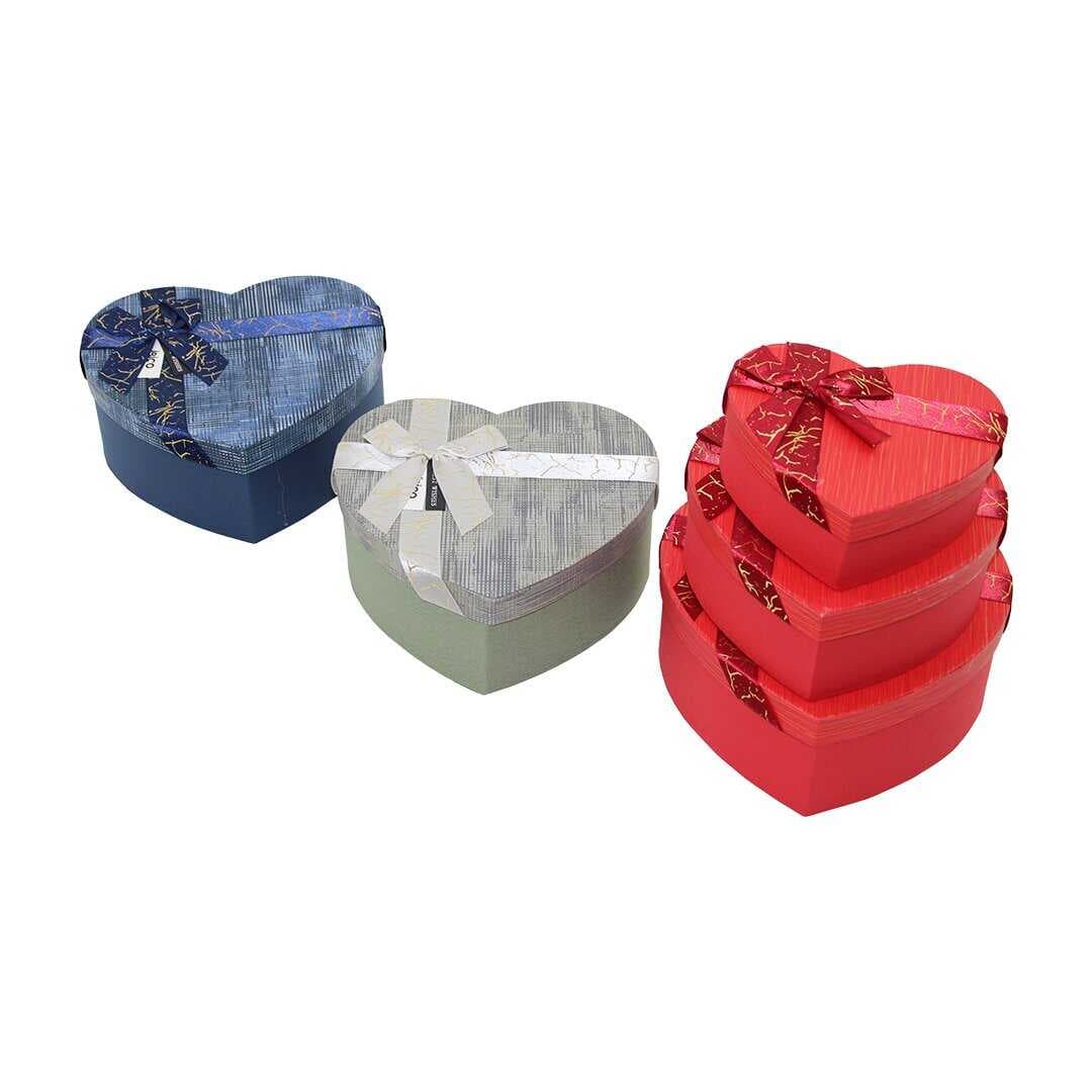 3PCS KALP ÇİZGİLİ MİX RENKLİ - KABARTMA DESEN KARTON HEDİYE KUTUSU KURDELALI 22X20-19X17-16X14CM (5430)