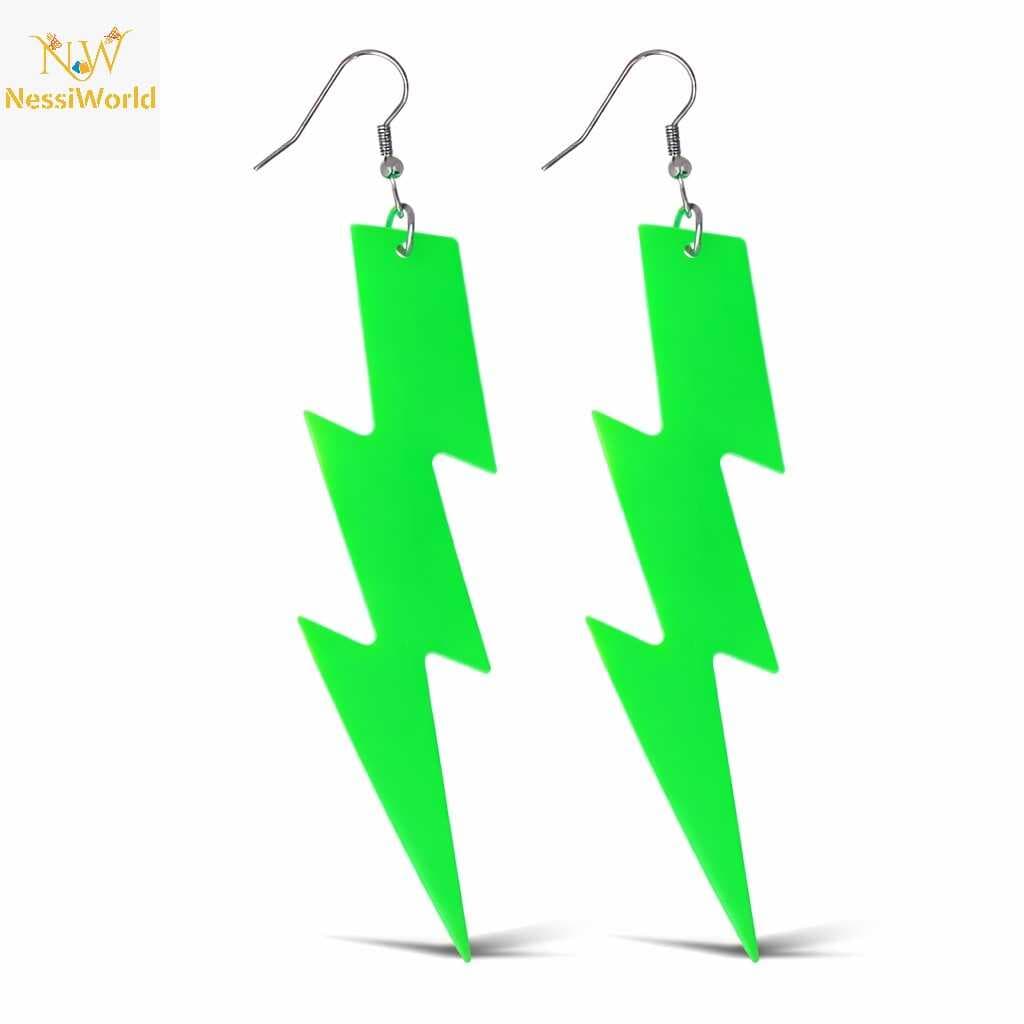 80’ler 90&amp;#39;lar Retro Neon Yeşil Şimşek Küpe 10 cm