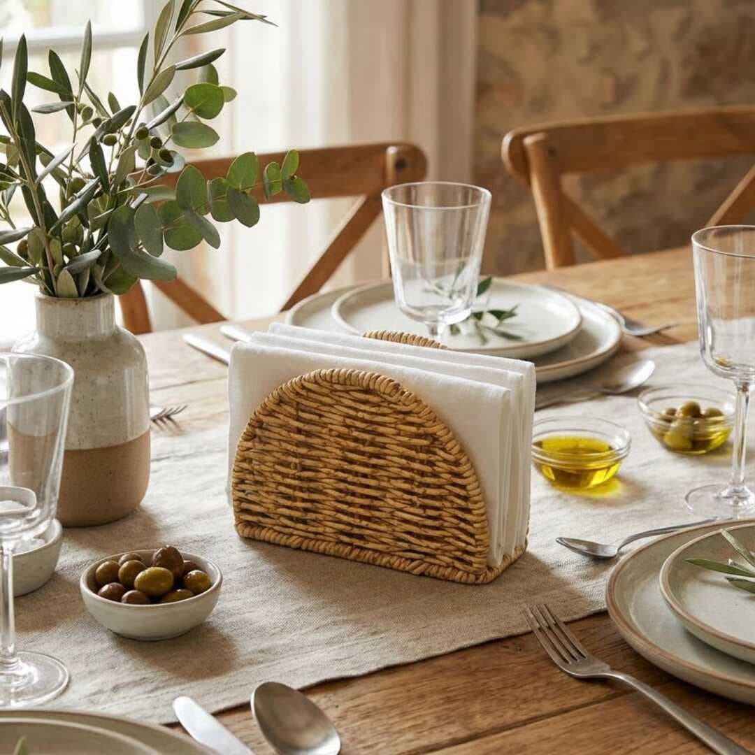 Dekoratif Plastik Rattan Yarım Yuvarlak Peçetelik–Doğal Hasır Dokulu Masaüstü Peçete Standı (5430)